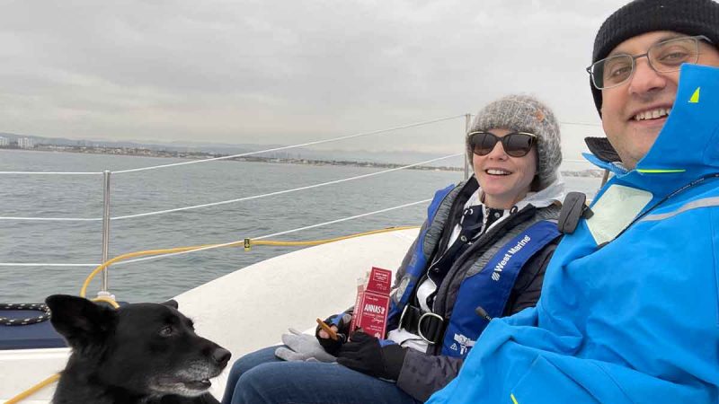Enjoying Cookies on the Bow of a Seawind Catamaran